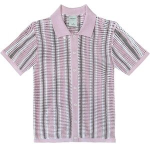 Massive Luxury Crochet Knit Polo XL Pink Striped Short Sleeve Button Front Shirt